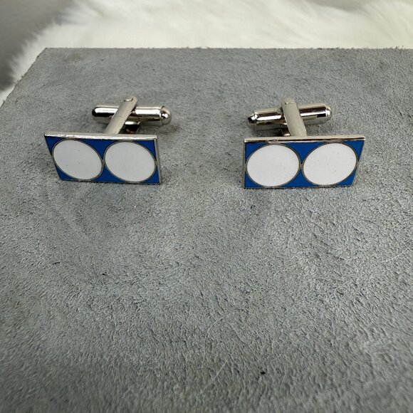 Vintage White & Blue Enamel Silver Tone Cuff Links - Picture 1 of 4